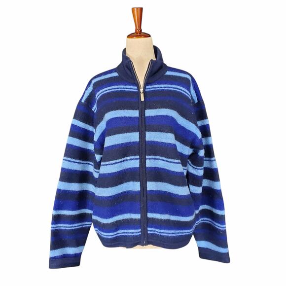 Liz Claiborne Sweaters - Vintage Wool Striped Sweater Full-Zip Cardigan Liz Claiborne Blue - Size Large
